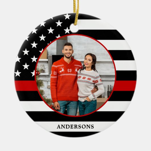Thin Red Line Custom Photo Firefigher Kerstmis Keramisch Ornament (Voorkant)