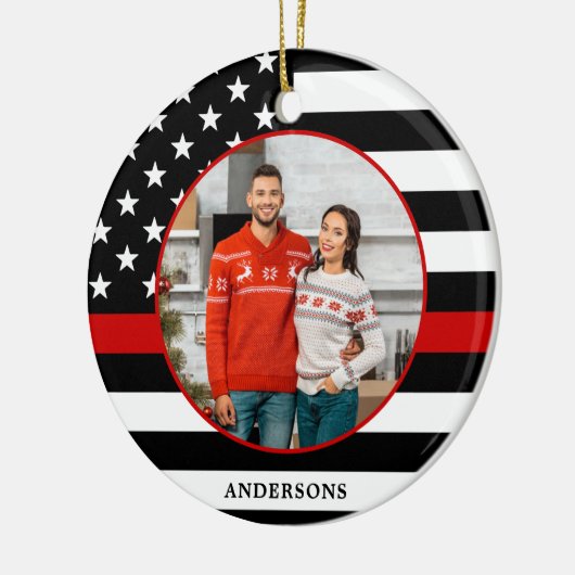 Thin Red Line Custom Photo Firefigher Kerstmis Keramisch Ornament (Links)