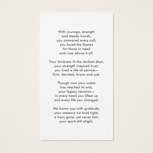 Thin Red Line Firefighter Memorial Prayer Card Visitekaartje (Achterkant)