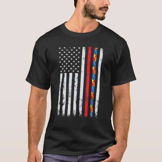 Thin Red Line Firefighter Support Autism 4th July T-shirt (Voorkant)