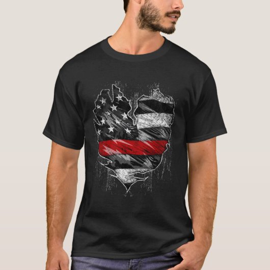 Thin Red Line Fireman American Flag Heart Firefigh T-shirt (Voorkant)