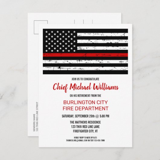 Thin Red Line Flag Fireman Firefighter Retirement Uitnodiging Briefkaart (Voorkant / Achterkant)