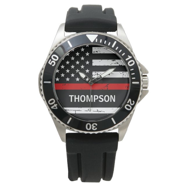 Thin Red Line Flag Persoonlijke naam Firefighter Horloge (Voorkant)