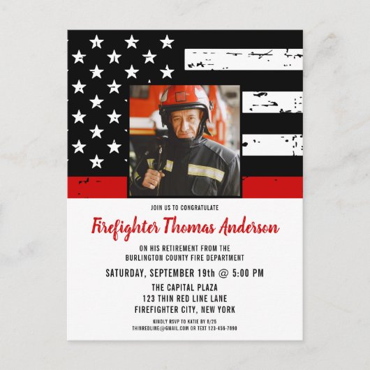 Thin Red Line Foto Firefighter Retirement Party Uitnodiging Briefkaart (Voorkant)