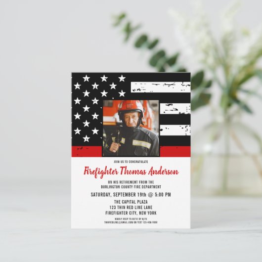 Thin Red Line Foto Firefighter Retirement Party Uitnodiging Briefkaart (Staand voorkant)