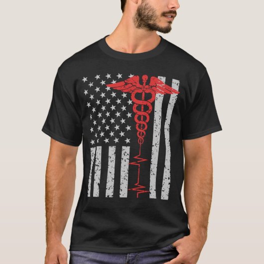 Thin Red Line Nurse Caduceus Amerikaanse vlag T-shirt (Voorkant)