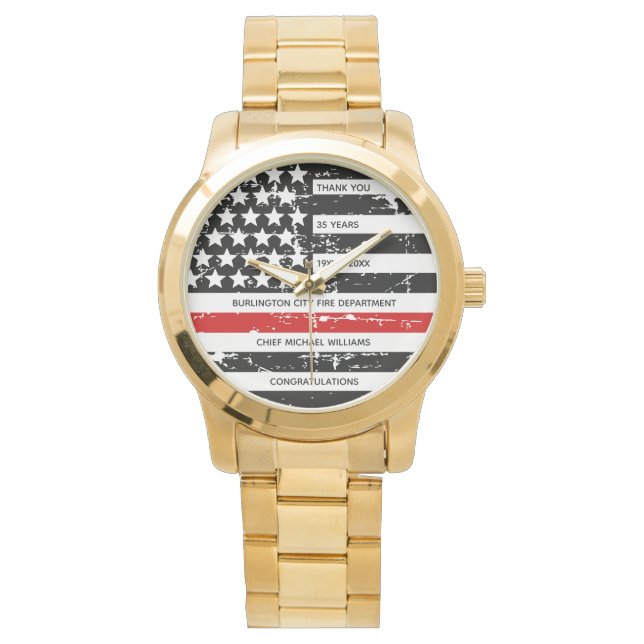 Thin Red Line Personalized Firefighter Retirement Horloge (Voorkant)