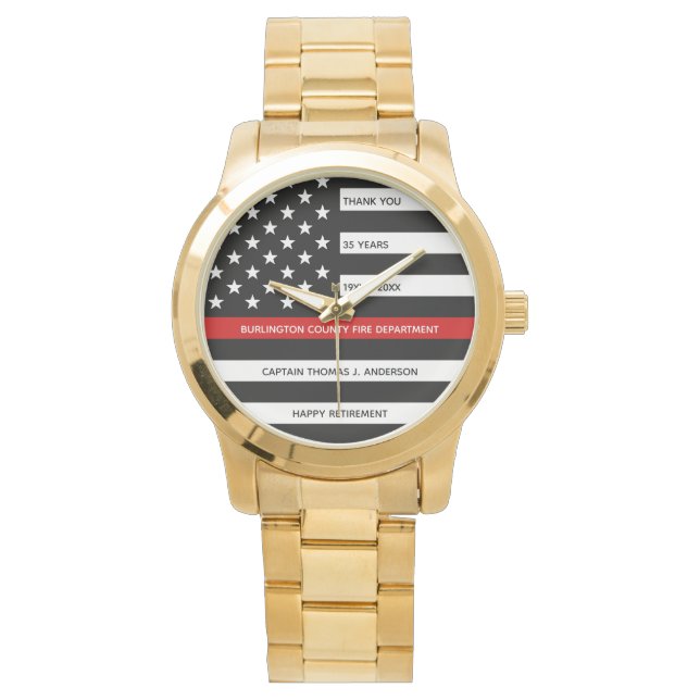 Thin Red Line Personalized Firefighter Retirement Horloge (Voorkant)