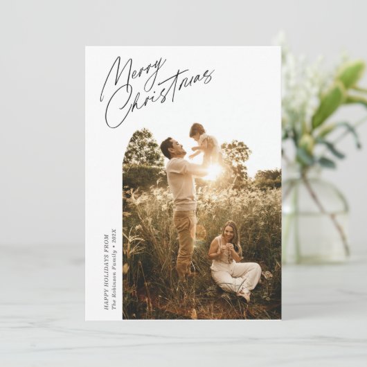 Thin Script Kerstboog Foto Vakantie Kaart (Staand voorkant)