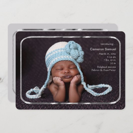 Thin Silver Lijst Fotogeboorteaankondiging Aankondiging (Voorkant / Achterkant)