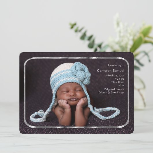 Thin Silver Lijst Fotogeboorteaankondiging Aankondiging (Staand voorkant)
