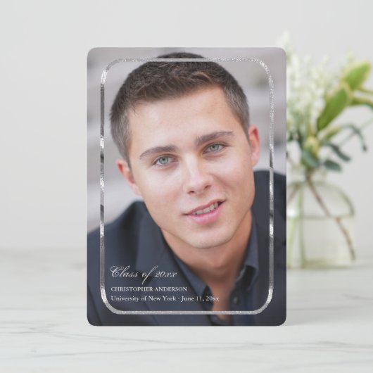 Thin Silver Lijst Photo Invitation Kaart (Staand voorkant)