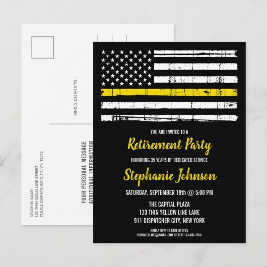 Thin Yellow Line Police Dispatcher Retirement Aankondigingskaart (Voorkant / Achterkant)