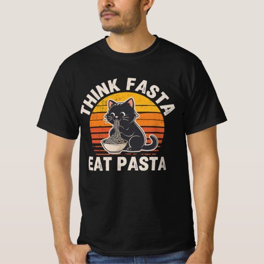 Think Fasta Eat Pasta Shirt – Funny Cat Pasta Love (Voorkant)