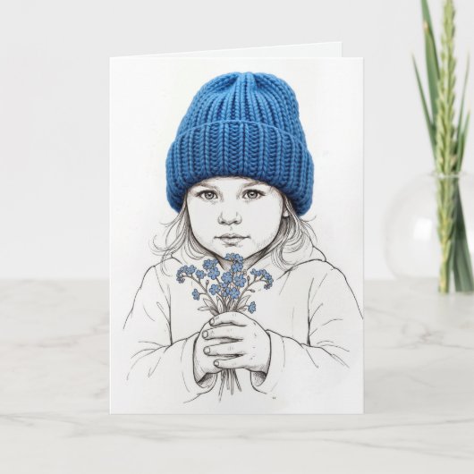 Thinking of You Girl In a Blue Knit Hat Kaart (Voorkant)