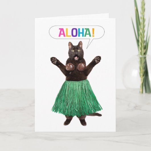 Thinking of You Hello Funny Cat in Grass Skirt Say Feestdagen Kaart (Voorkant)