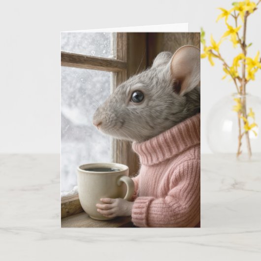 Thinking of You Mouse With a Cup of Coffee Kaart (Gele Bloem)