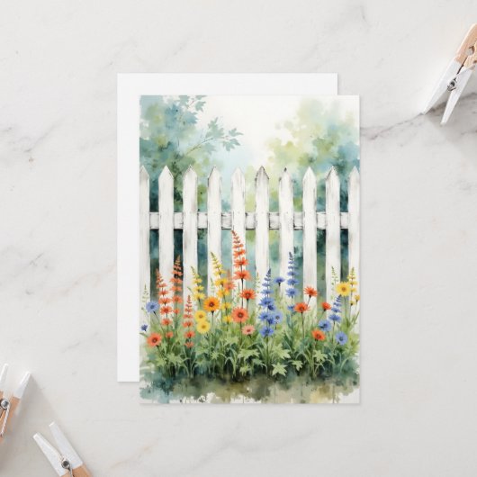 Thinking of You Picket Fence with Flowers Flat Kaart (Voorkant / Achterkant in situ)