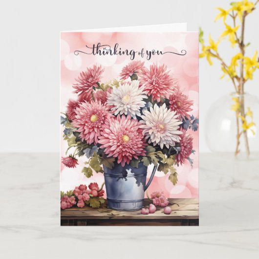 Thinking of You Pink and White Chrysanthemums Kaart (Gele Bloem)