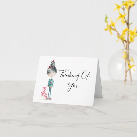 "Thinking of You" Schattige Boho Meisje Met Bird Kaart (Gele Bloem)