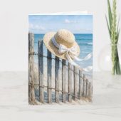 Thinking of You Straw Hat On a Beach Fence Kaart (Voorkant)
