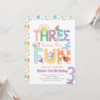 Third Birthday Invite Girl, Three Times the Fun Kaart