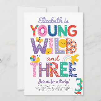 Third Birthday Invite, Rainbow, Young Wild & Three Kaart