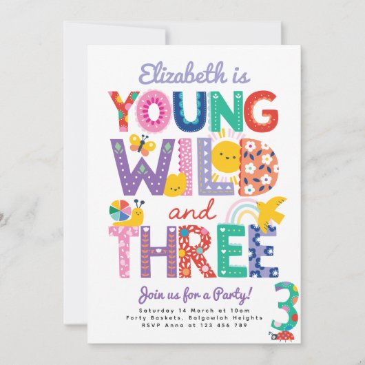 Third Birthday Invite, Rainbow, Young Wild & Three Kaart (Voorkant)