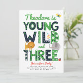 Third Birthday Invite, Young, Wild and Three Boys Kaart (Staand voorkant)