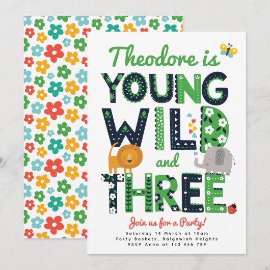 Third Birthday Invite, Young, Wild and Three Boys Kaart (Voorkant / Achterkant)
