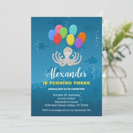 Third Birthday Party Octopus Balloons Invitation Kaart (Staand voorkant)