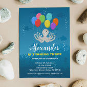 Third Birthday Party Octopus Balloons Invitation Kaart