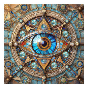 Third Eye - Turquoise Blauwe Gouden Mandala Foto Afdruk