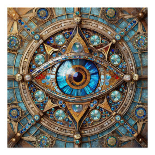 Third Eye - Turquoise Blauwe Gouden Mandala Perfect Poster