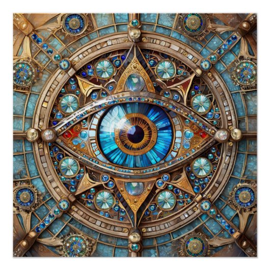 Third Eye - Turquoise Blauwe Gouden Mandala Perfect Poster (Voorkant)