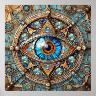 Third Eye - Turquoise Blauwe Gouden Mandala Poster