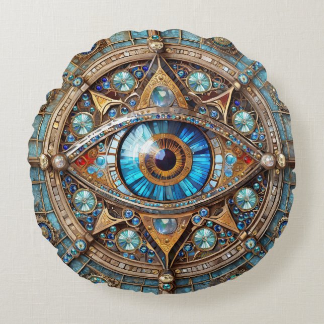 Third Eye - Turquoise Blauwe Gouden Mandala Rond Kussen (Voorkant)