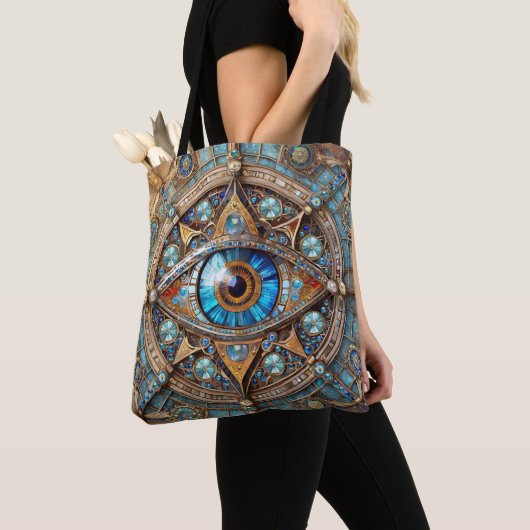 Third Eye - Turquoise Blauwe Gouden Mandala Tote Bag (Dichtbij)
