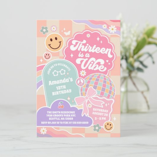 Thirteen Is A Vibe Cloud Rainbow Disco Birthday Kaart (Staand voorkant)
