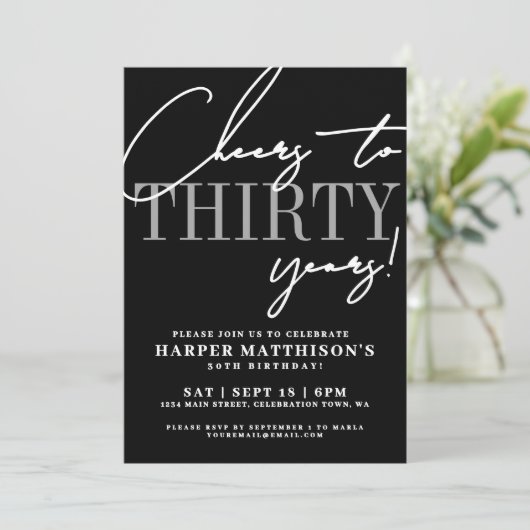 Thirty Black 30th Birthday Party Kaart (Staand voorkant)