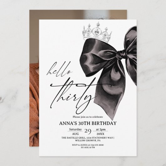 Thirty Black Bow 30th Birthday Invitation Kaart (Voorkant / Achterkant)