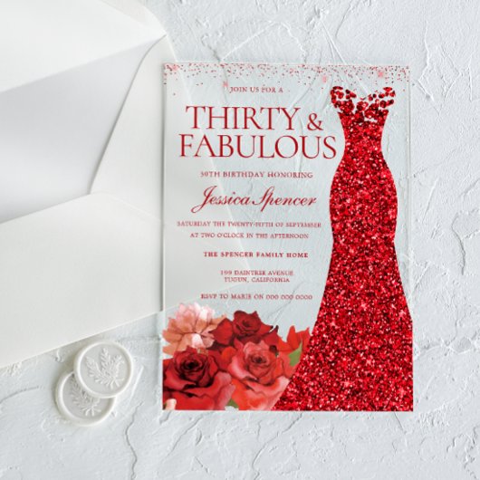 Thirty & Fabulous! Red Dress 30th Birthday Party Acryl Uitnodigingen