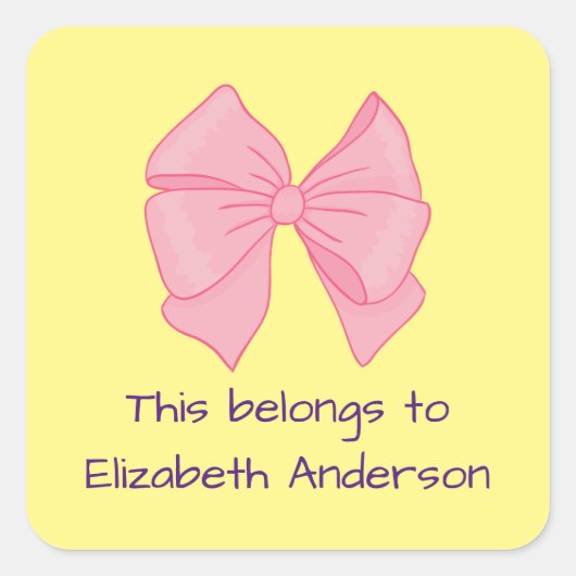 This Belongs to Girl's Name Bow Pink Yellow Vierkante Sticker (Voorkant)