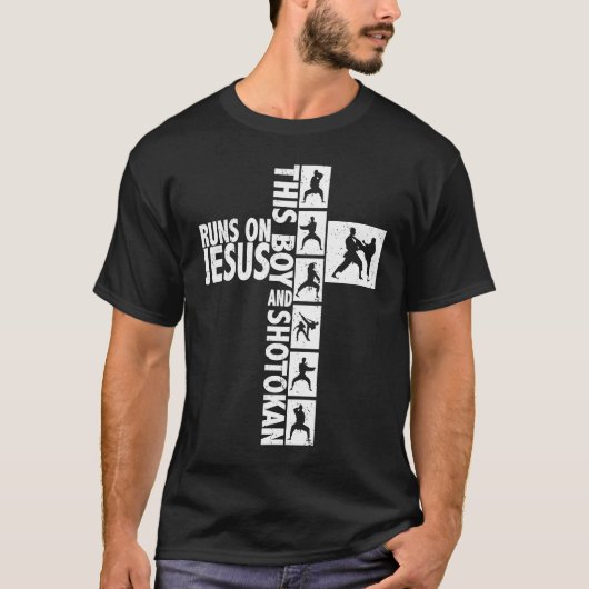 This boy runs on Jesus and shotokan quote saying T-shirt (Voorkant)