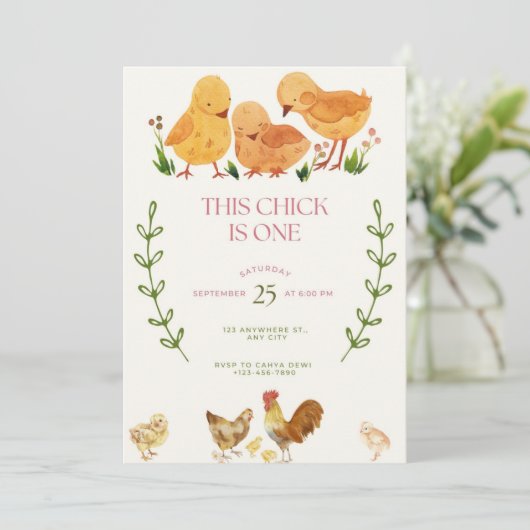 This Chick is One Birthday invitation Kaart (Staand voorkant)
