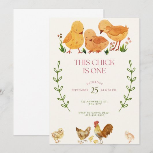 This Chick is One Birthday invitation Kaart (Voorkant / Achterkant)