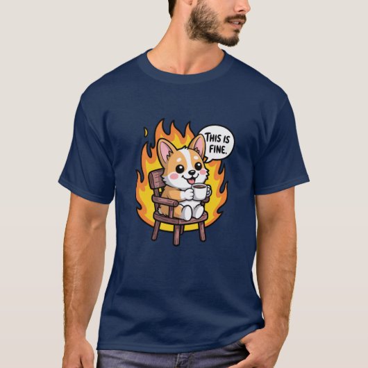 This Is Fine Funny Cartoon Corgi Meme friend T-shirt (Voorkant)