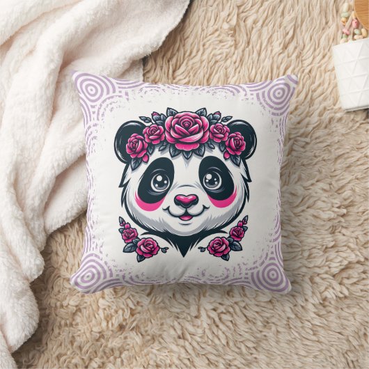 This smiling panda framed by pink roses blends exo kussen (Deken)