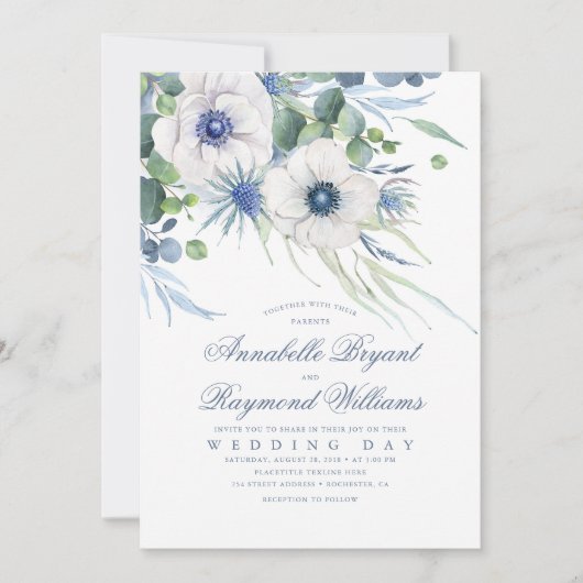 Thistle Anemone groen stoffige blauwe bruiloft Kaart (Voorkant)