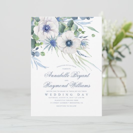 Thistle Anemone groen stoffige blauwe bruiloft Kaart (Staand voorkant)